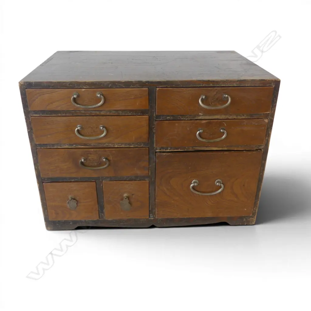 SMALL OLD JAPANESE ZELKOVA wood COLLECTOR'S CHEST 8 drawers some scuff marks. W.440mm. H.310mm  Image 1++