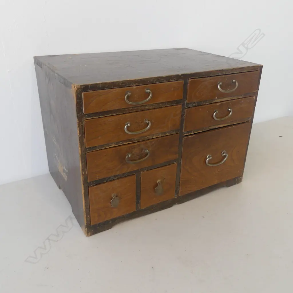 SMALL OLD JAPANESE ZELKOVA wood COLLECTOR'S CHEST 8 drawers some scuff marks. W.440mm. H.310mm  Image 1++