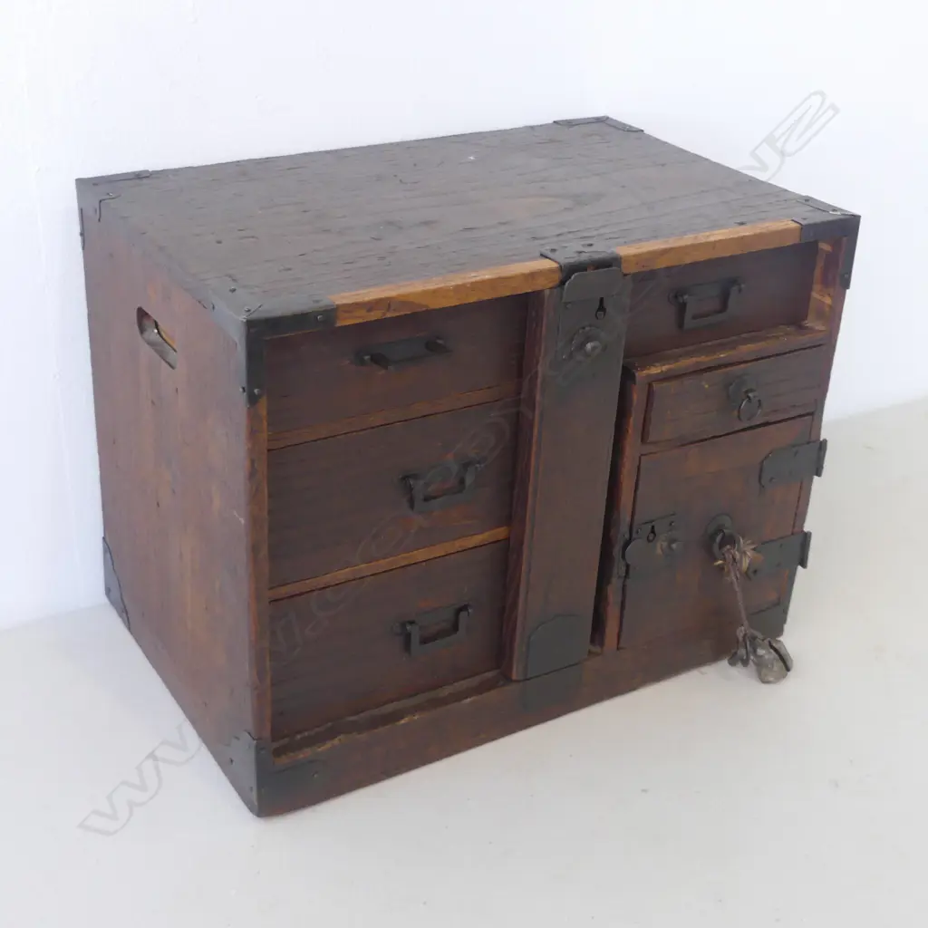 c1900 JAPANESE SMALL TANSU CHEST with locking arm to three drawers. + 3 further drawers & cupboard w key. H.280mm Image 1++