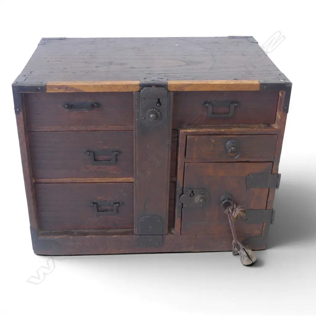 c1900 JAPANESE SMALL TANSU CHEST with locking arm to three drawers. + 3 further drawers & cupboard w key. H.280mm Image 1++