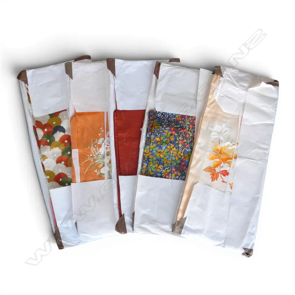 5 various VINTAGE JAPANESE FINE SILK  KIMONO: coloured repeating stylised blossom pattern +  floral still life on coral Image 1++