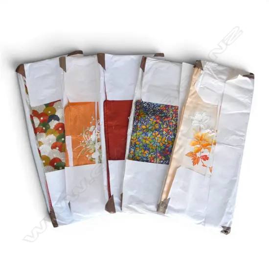 5 various VINTAGE JAPANESE FINE SILK  KIMONO: coloured repeating stylised blossom pattern +  floral still life on coral