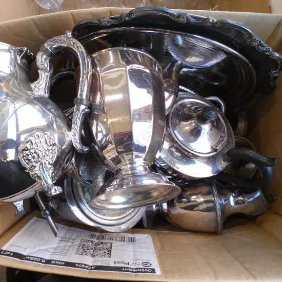 BOX LOT MIXED SILVER PLATE VEGGIE TURREENS BISCUIT BARREL  TRAYS ETC