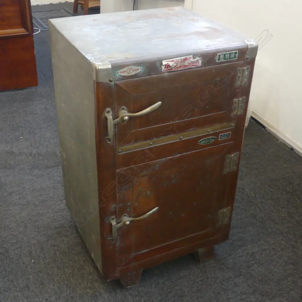 OLD JAPANESE COPPER FRONTED & GALVANISED ICE CHEST. 2 door. 430 x 400 x 710mm Image 1++