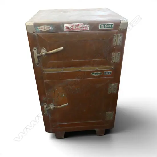 OLD JAPANESE COPPER FRONTED & GALVANISED ICE CHEST. 2 door. 430 x 400 x 710mm