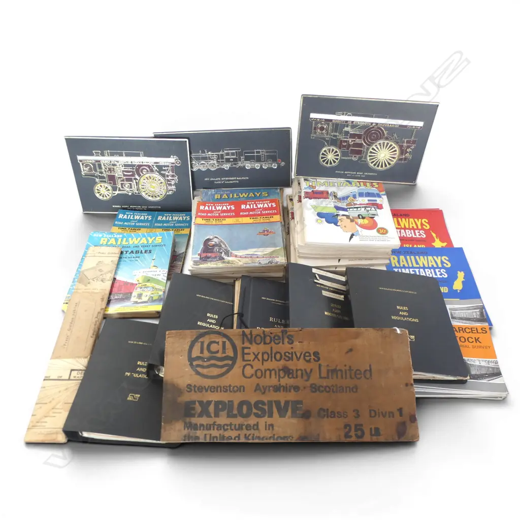 BOX OF VINTAGE NZR TIMETABLES + 'RULES & REGULATIONS' FOLDERS 'Office Copy' + Explosives sign etc Image 1++
