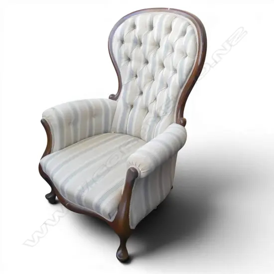 VICTORIAN STYLE GRANDFATHER CHAIR, BUTTON BACK, UPHOLSTERY WORN