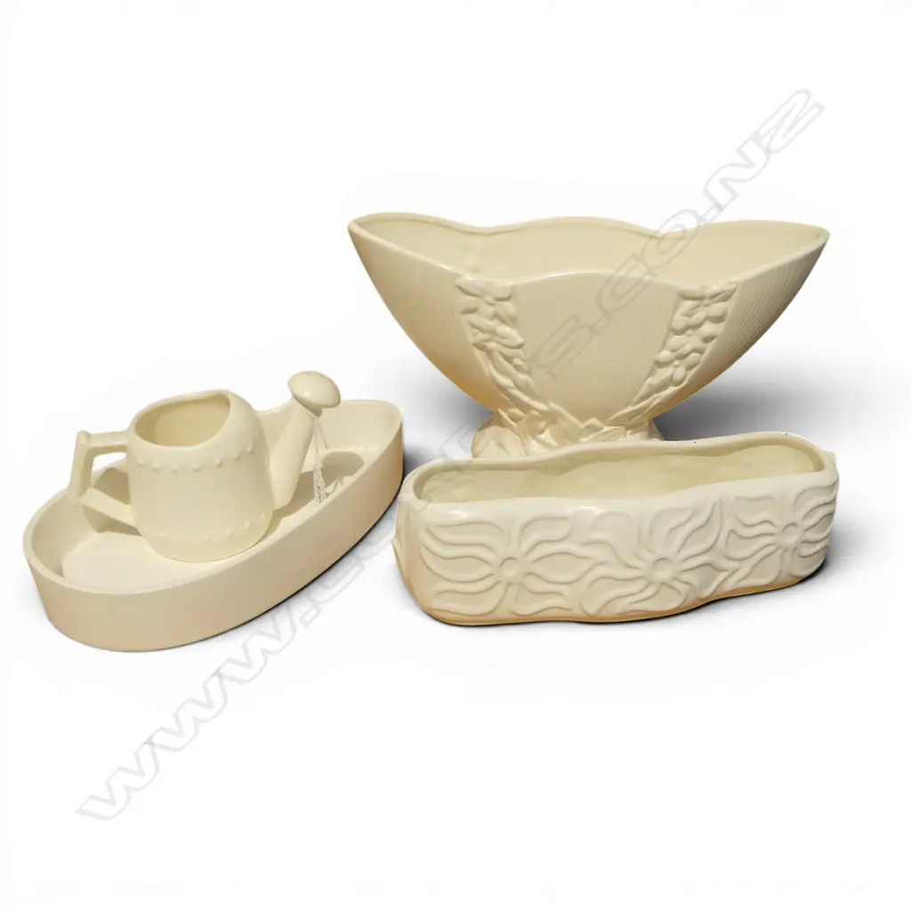 4 WHITE CROWN LYNN VASES; #394, #107 TROUGH W.260mm, #553 HAIRLINE, #215 WATERING CAN Image 1++