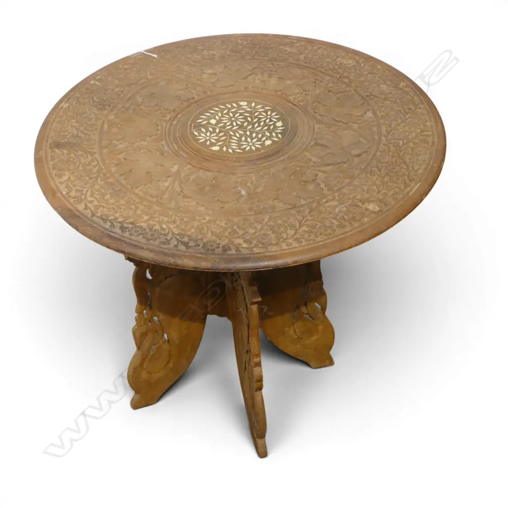 ORIENTAL CARVED WOODEN TABLE 530mm dia Image 1++