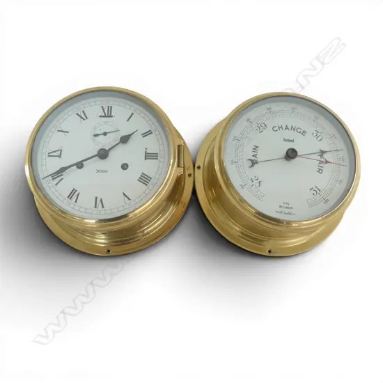 PAIR of SESTREL BRASS SHIP'S CLOCK & BAROMETER. Mid/late 20thC. DIAL Dia.165mm