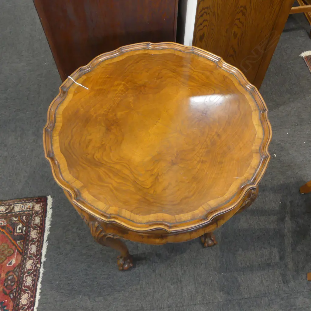 WALNUT PIE CRUST SIDE TABLE SHELL KNEES AND BALL AND CLAW FEET H.690mm, 620mm dia Image 1++