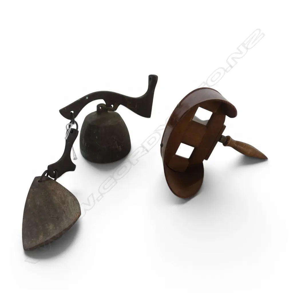 HEAVY BRASS wall mounting BELL wooden flap connected to hammer. + stereoscope viewer no card support arm Image 1++