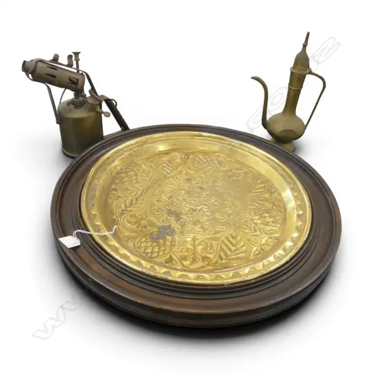 BRASS TRAY IN WOODEN FRAME 530mm dia, BURMOS PARAFFIN BURNER, EWER