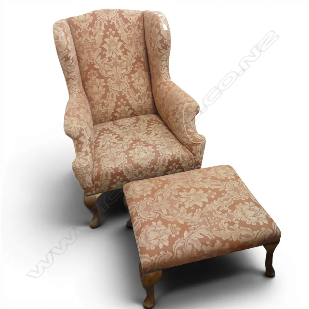 WING BACK CHAIR & FOOT REST UPHOLSTERED IN SANDERSON FABRIC Image 1++