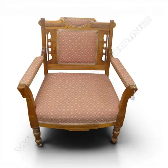 AMERICAN AESTHETIC ARMCHAIR BIRDSEYE MAPLE DETAIL SANDERSON UPHOLSTERY