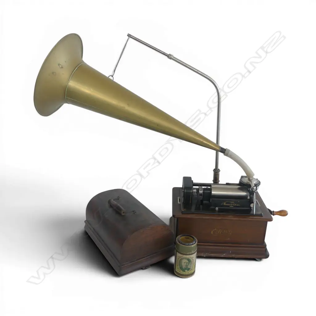 EARLY 20thC 'EDISON STANDARD PHONOGRAPH' CYLINDER PHONOGRAPH PLAYER oak cased w brass horn. No stylus Image 1++