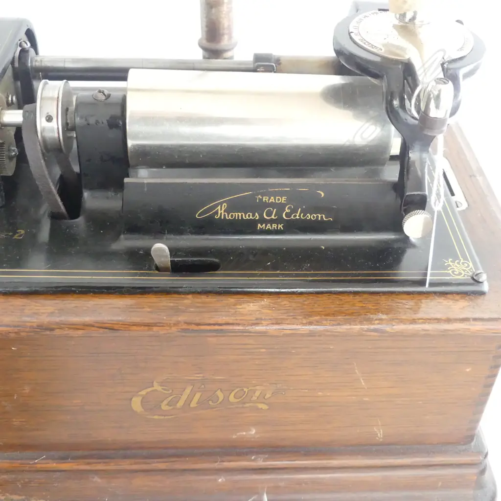 EARLY 20thC 'EDISON STANDARD PHONOGRAPH' CYLINDER PHONOGRAPH PLAYER oak cased w brass horn. No stylus Image 1++