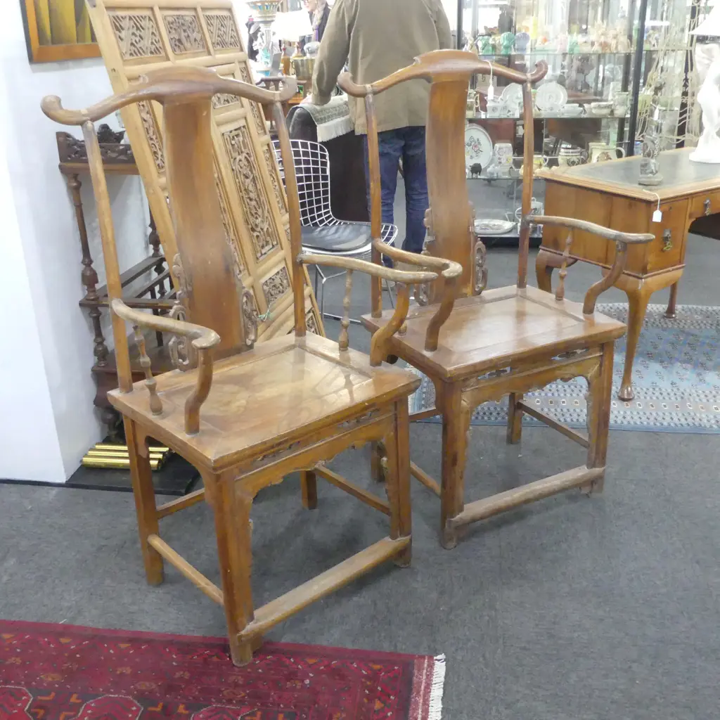 PR OLD CHINESE YOKE-BACK ARMCHAIRS panelled seats. Splat with restrained carving Image 1++