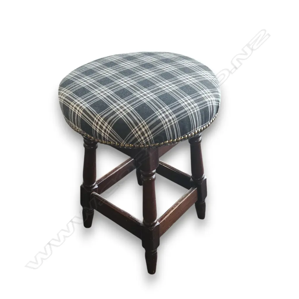 VINTAGE WOODEN STOOL NEWLY UPHOLSTERED IN A BLACK AND WHITE TARTAN FABRIC 560mm H Image 1++