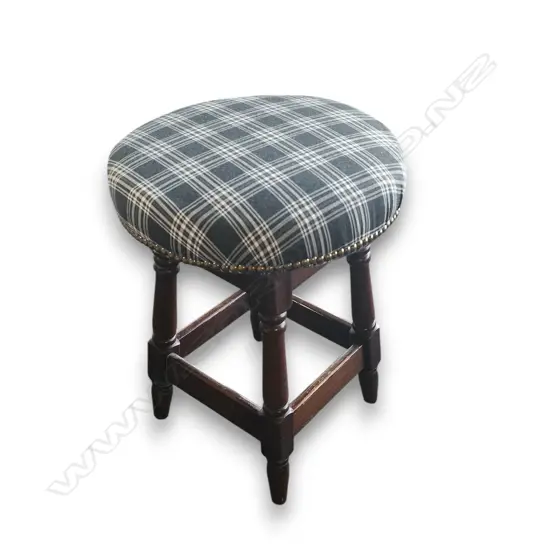 VINTAGE WOODEN STOOL NEWLY UPHOLSTERED IN A BLACK AND WHITE TARTAN FABRIC 560mm H