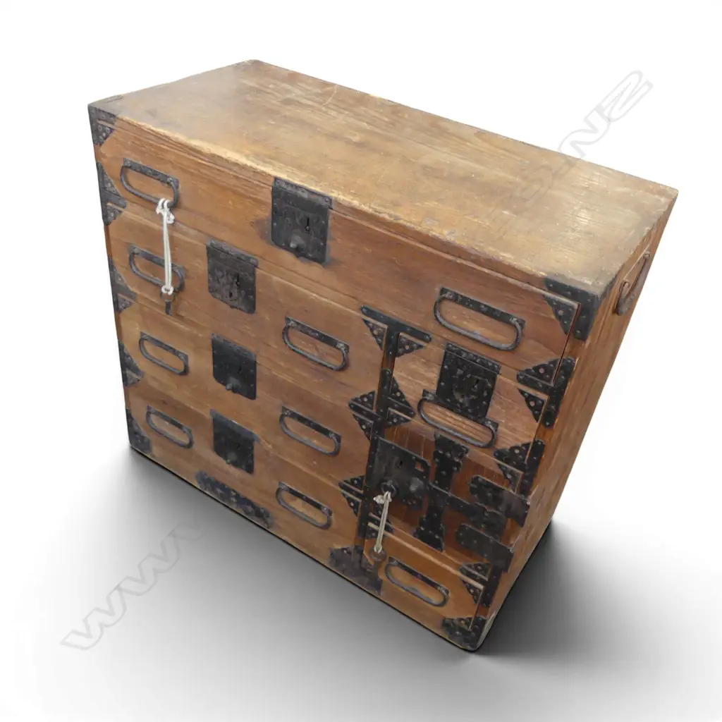 19thC Japanese Meiji small tansu chest. 6 drawers + 1 cupboard enclosing 2 drawers. Blackened metal fittings. H.570mm  Image 1++