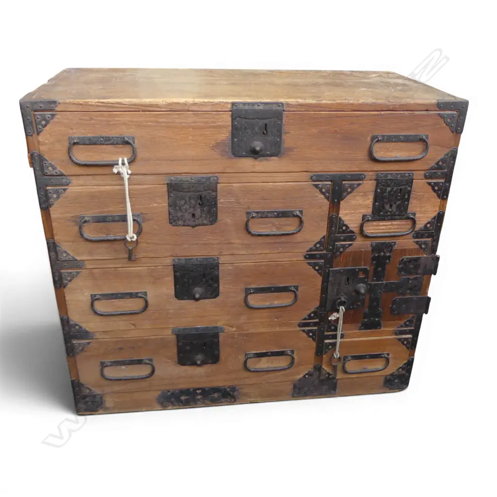 19thC Japanese Meiji small tansu chest. 6 drawers + 1 cupboard enclosing 2 drawers. Blackened metal fittings. H.570mm  Image 1++
