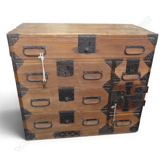 19thC Japanese Meiji small tansu chest. 6 drawers + 1 cupboard enclosing 2 drawers. Blackened metal fittings. H.570mm 
