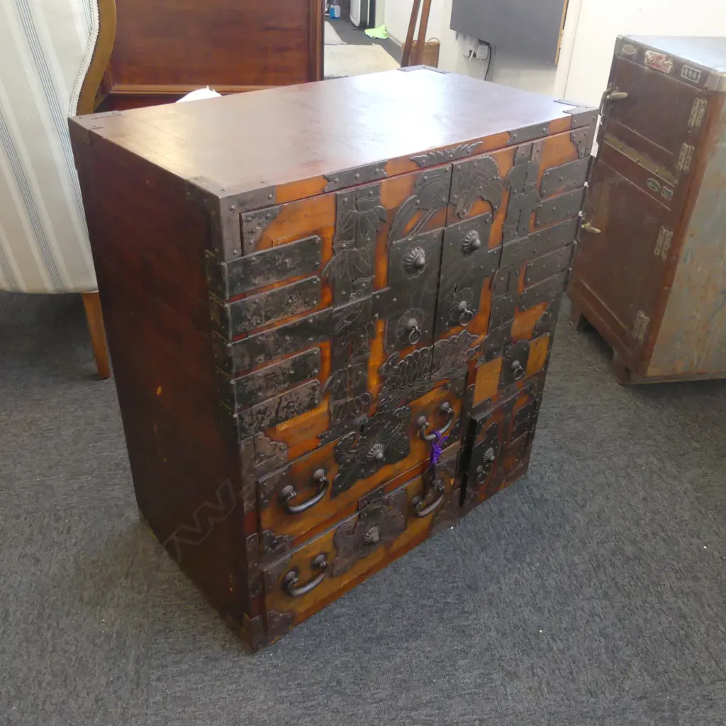 c.1900 JAPANESE ZELKOVA WOOD TANSU CHEST. Decorative black metal fittings. 2 doors above 3drawers & door.W.640mm Image 1++