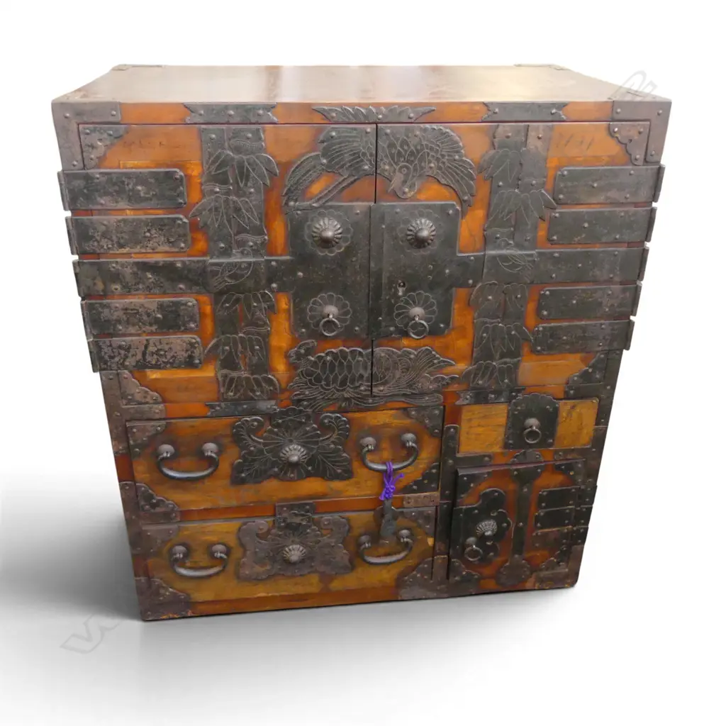 c.1900 JAPANESE ZELKOVA WOOD TANSU CHEST. Decorative black metal fittings. 2 doors above 3drawers & door.W.640mm Image 1++