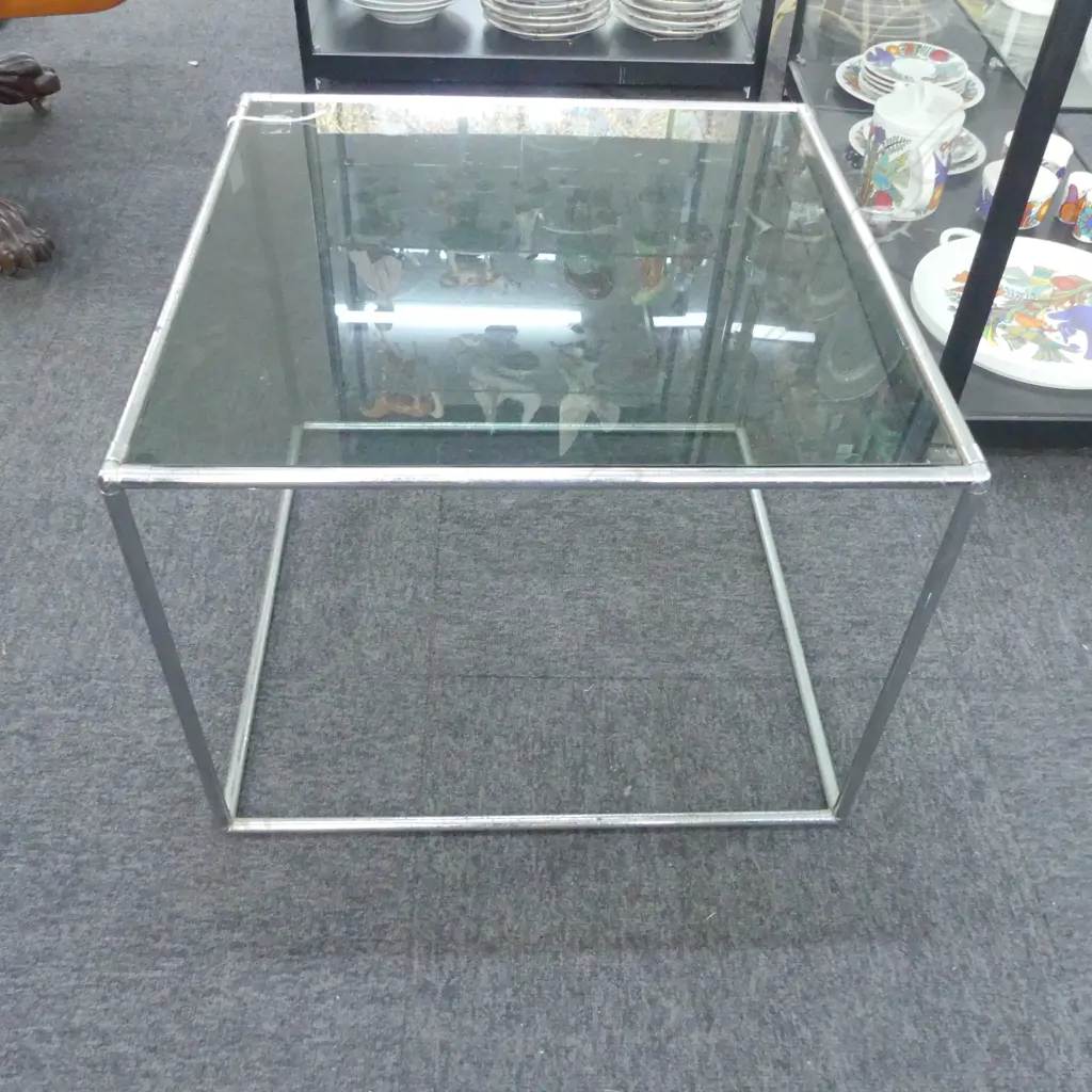 MODERN CHROME & TINTED GLASS SIDE TABLE 520x520x395mm pitting to chrome Image 1++