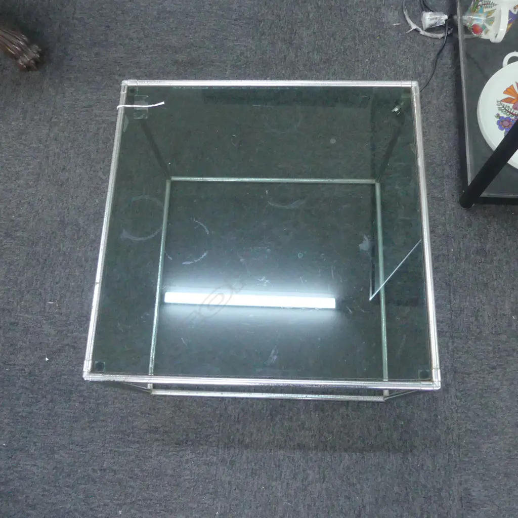 MODERN CHROME & TINTED GLASS SIDE TABLE 520x520x395mm pitting to chrome Image 1++