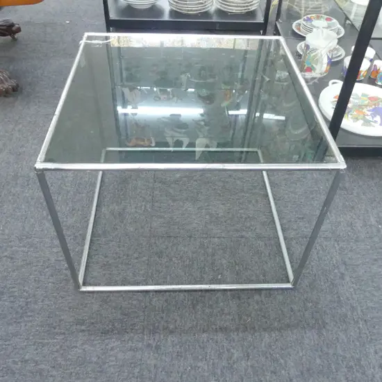 MODERN CHROME & TINTED GLASS SIDE TABLE 520x520x395mm pitting to chrome