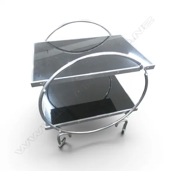 ART DECO CHROME & BLACK GLASS DRINKS TROLLEY