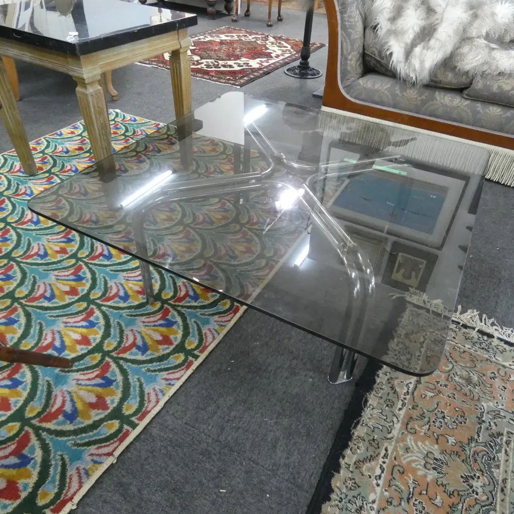 1980s CHROME & TINTED GLASS COFFEE TABLE 910x910x380mm Image 1++