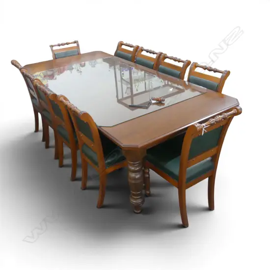 ROSE & HEATHER SWAMP KAURI DINING TABLE, 2 LEAVES & 10 CHAIRS...
