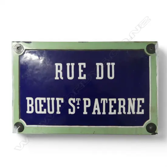 VINTAGE FRENCH ENAMEL STREET SIGN 'RUE DU BOEUF ST. PATERNE' 350x555mm