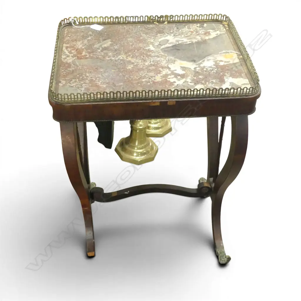 A VICTORIAN WASHSTAND WITH MARBLE TOP  BRASS GALLERY SURROUND AND LYRE ENDS 485 x 380 x 750mm foot missing, etc Image 1++