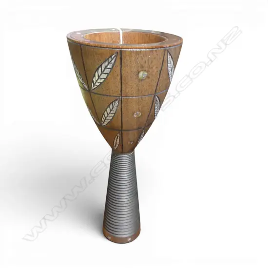 JOHN ECUYER WOOD TURNED VESSEL carved leaf design w. inset paua H.325mm