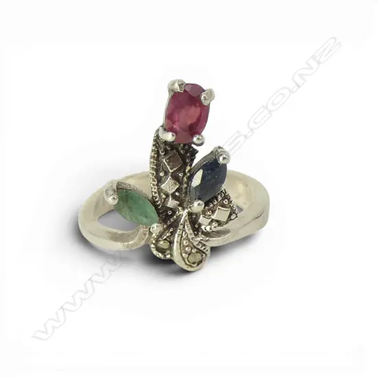 SILVER EMERALD, RUBY, SAPPHIRE RING SIZE P