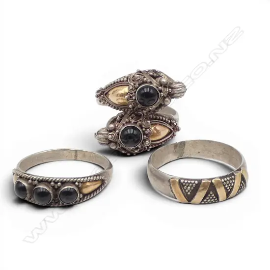 3 GOLD, SILVER & STONE ETHNIC RINGS 9.76gms SIZE R/S