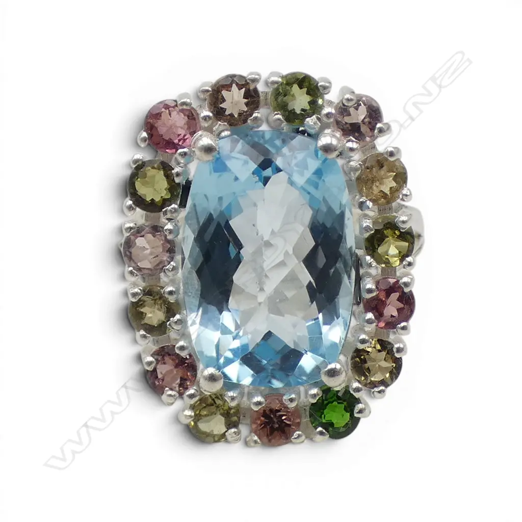 SILVER TOPAZ & TOURMALINE RING CHIP TO STONE SIZE Q Image 1++
