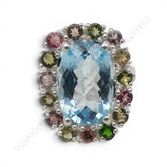 SILVER TOPAZ & TOURMALINE RING CHIP TO STONE SIZE Q