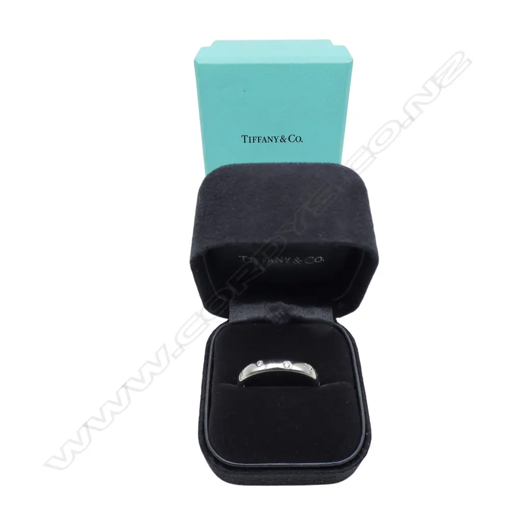 TIFFANY & CO PLATINUM ETOILE DIAMOND SET BAND 9.97gms + UNDATED VALUATION SIZE V Image 1++