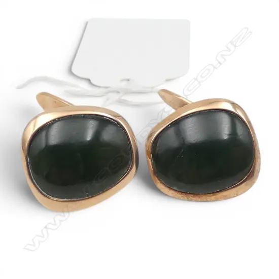 PR STYLISH RETRO 9ct ROSE GOLD & POUNAMU CUFFLINKS 10.8gms