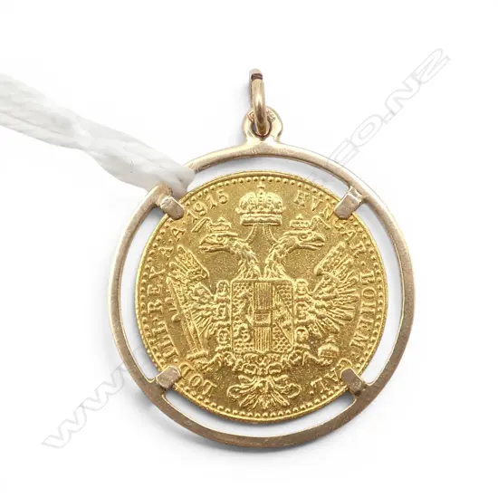 Austria 1915 Gold 1 Ducat Restrike. 3.49 gram. 0.986 (23.75ct) gold in 14ct gold mount. 4.81gms total