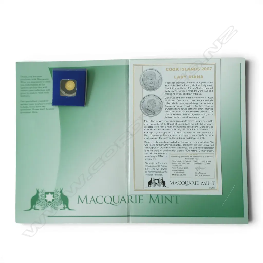 MACQUARIE MINT COOK ISLANDS 2007 LADY DIANA .999 GOLD PROOF $10 COIN 1.224gms Image 1++