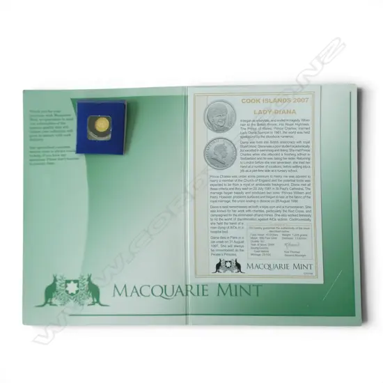 MACQUARIE MINT COOK ISLANDS 2007 LADY DIANA .999 GOLD PROOF $10 COIN 1.224gms