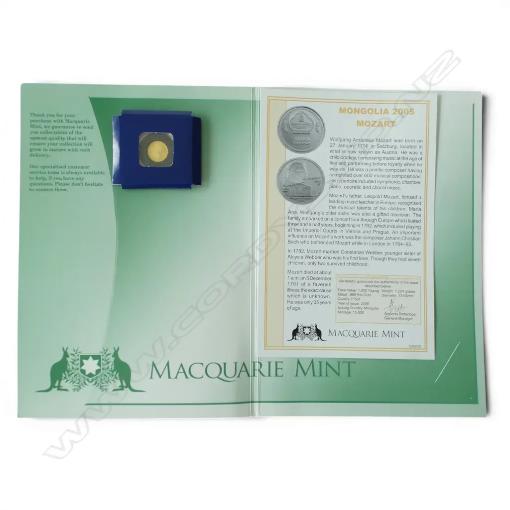 MACQUARIE MINT MONGOLIA 2005 MOZART .999 GOLD PROOF $10 COIN 1.224gms Image 1++