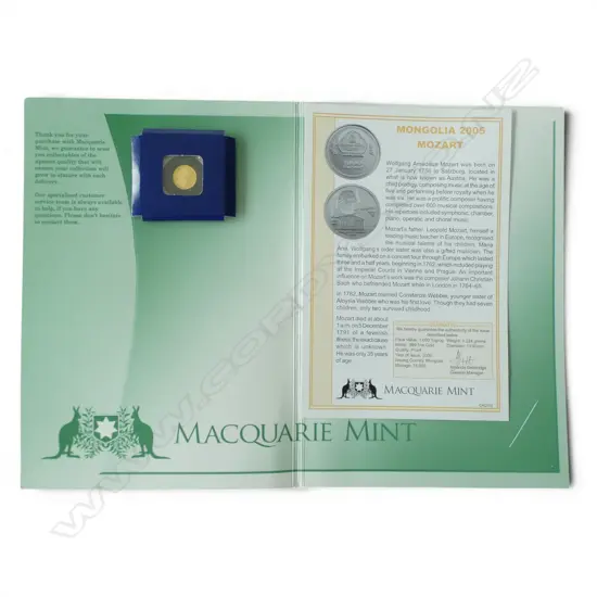 MACQUARIE MINT MONGOLIA 2005 MOZART .999 GOLD PROOF $10 COIN 1.224gms