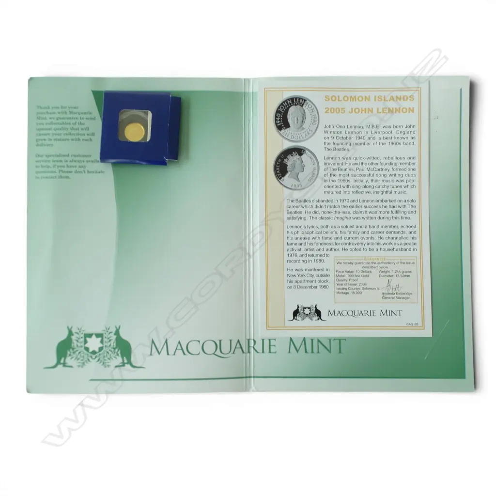 MACQUARIE MINT SOLOMON ISLANDS 2005 JOHN LENNON .999 GOLD PROOF $10 COIN 1.224gms Image 1++